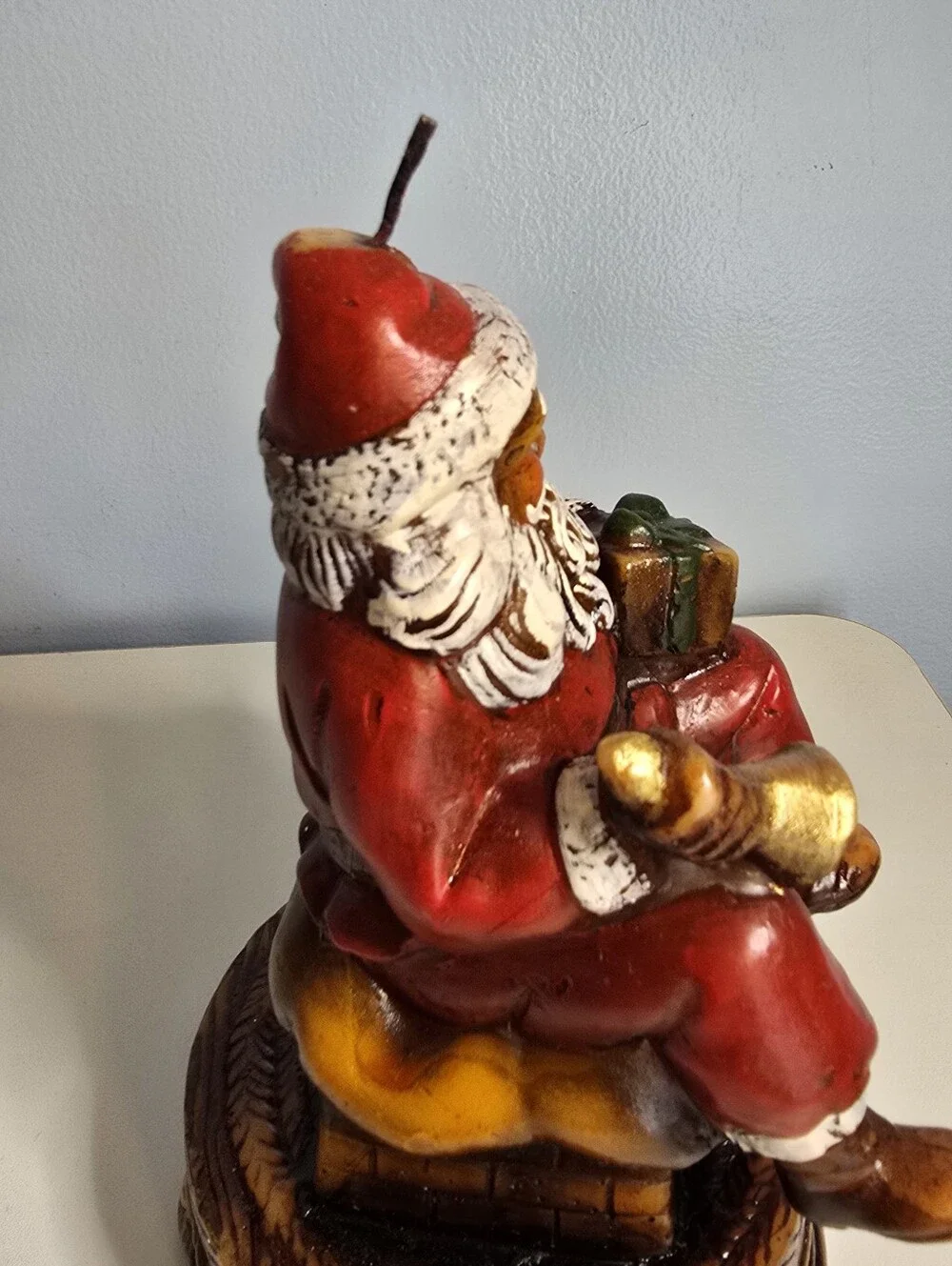 Vintage Santa Sitting on Chimney with Bell and Present Candle Figural READ